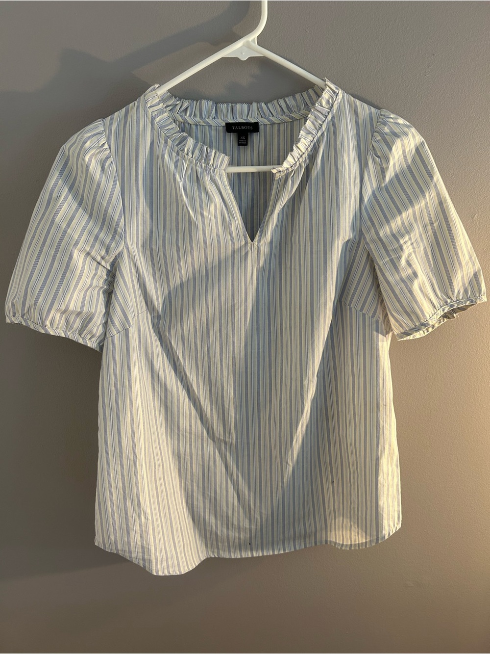 Talbots White and Light Blue Striped Short Sleeve Peasant Top